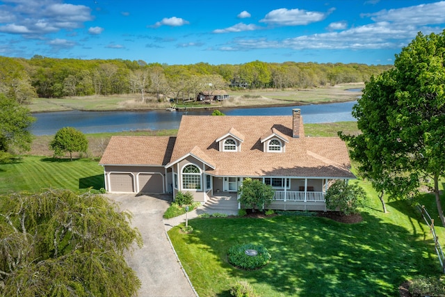 23 Hefflon Farm Rd, Old Lyme, CT 06371 - view of front of property with a porch, a water view, a garage, and a chimney