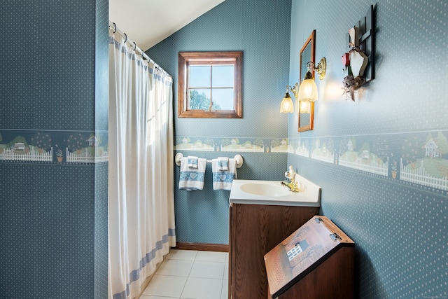 23 Hefflon Farm Rd, Old Lyme, CT 06371 - bathroom featuring lofted ceiling, tile patterned flooring, a shower with shower curtain, vanity, and wallpapered walls
