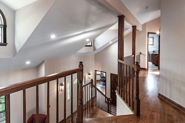 23 Hefflon Farm Rd, Old Lyme, CT 06371 - stairs with vaulted ceiling, wood finished floors, baseboards, and recessed lighting