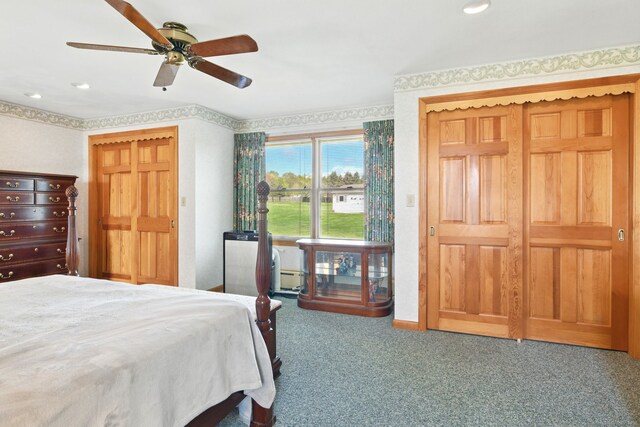 bedroom with carpet, a ceiling fan, recessed lighting, and access to exterior