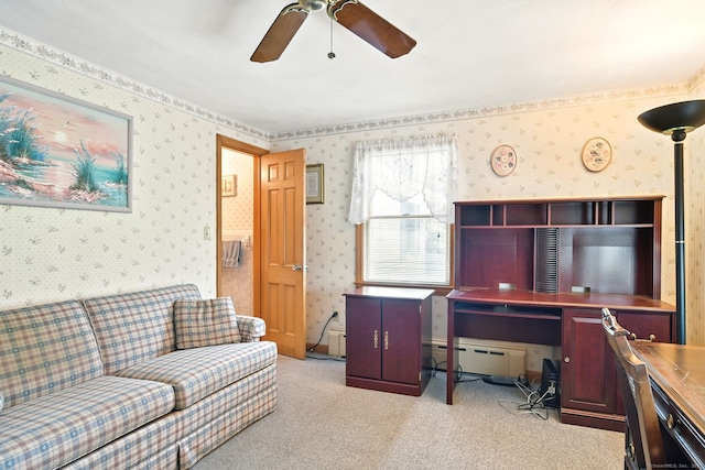 living room with baseboard heating, ceiling fan, light carpet, and wallpapered walls