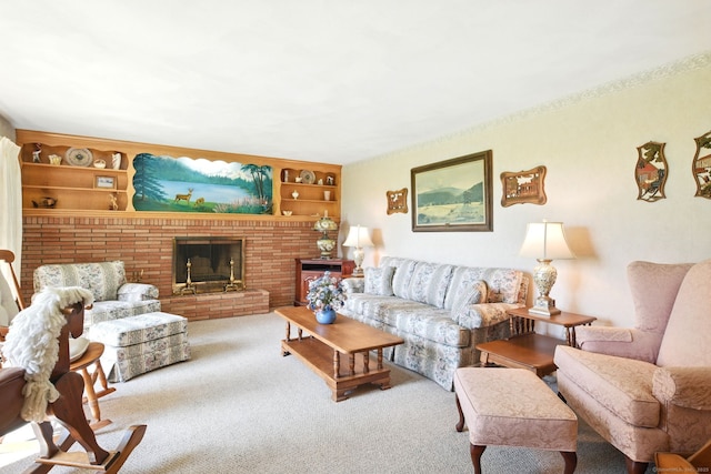 living area with carpet flooring, a fireplace, and built in features