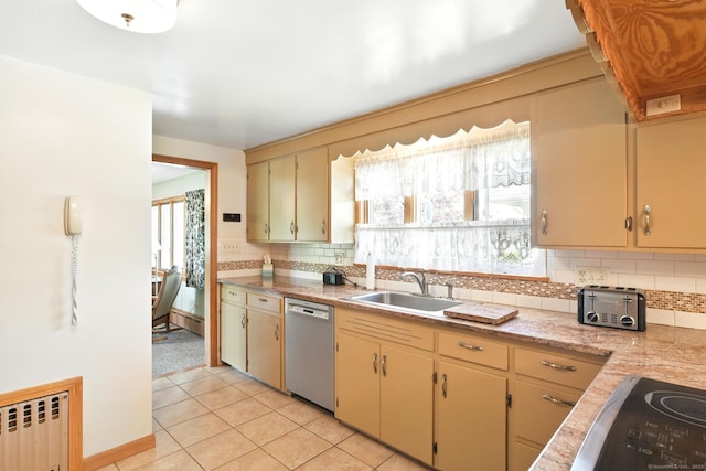 kitchen with dishwasher, a sink, radiator, and decorative backsplash
