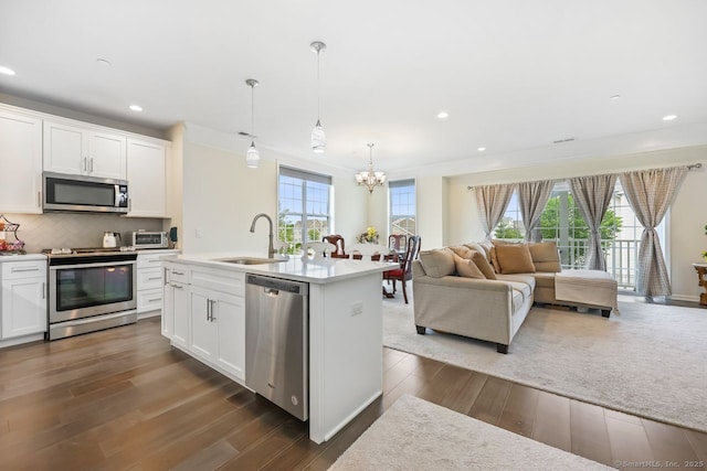 1022 Country View Rd Unit 1022, Danbury, CT 06810 - kitchen featuring appliances with stainless steel finishes, a chandelier, dark wood finished floors, open floor plan, and recessed lighting