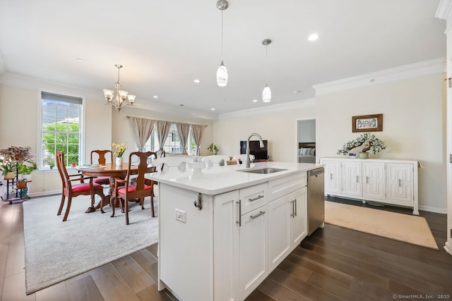 1022 Country View Rd Unit 1022, Danbury, CT 06810 - kitchen featuring stainless steel dishwasher, dark wood finished floors, light countertops, ornamental molding, and a chandelier