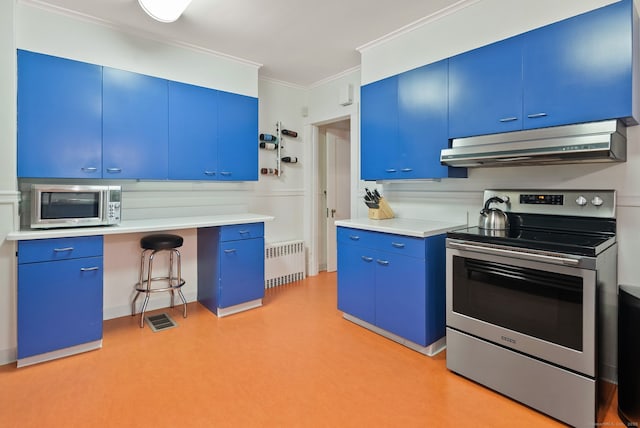 44 Walbridge Rd, West Hartford, CT 06119 - kitchen featuring blue cabinets, stainless steel appliances, under cabinet range hood, ornamental molding, and radiator heating unit