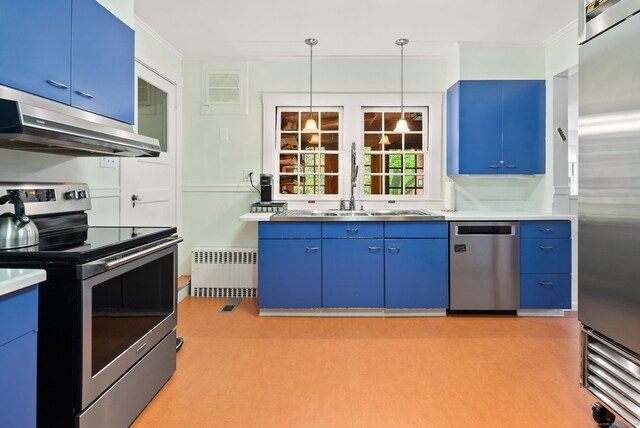 44 Walbridge Rd, West Hartford, CT 06119 - kitchen with appliances with stainless steel finishes, radiator heating unit, extractor fan, blue cabinets, and crown molding