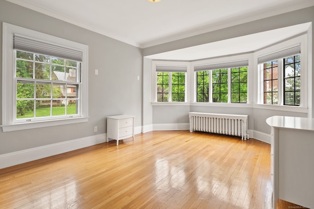 44 Walbridge Rd, West Hartford, CT 06119 - empty room with radiator heating unit, plenty of natural light, light wood-style flooring, ornamental molding, and baseboards