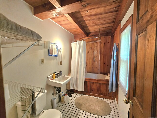 69 Elmdale Rd, Canterbury, CT 06331 - full bath featuring wooden ceiling, beam ceiling, shower / bath combo with shower curtain, and toilet