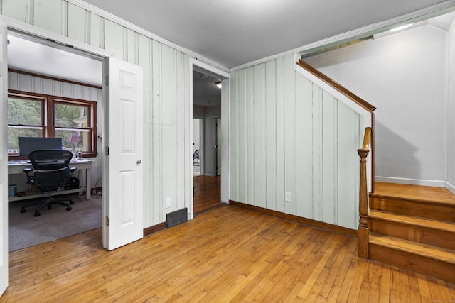 18 Brookside Trl, Monroe, CT 06468 - interior space featuring stairs, light wood-type flooring, a desk, ornamental molding, and baseboards