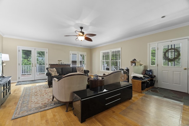 18 Brookside Trl, Monroe, CT 06468 - living area featuring french doors, crown molding, ceiling fan, and light wood-style floors