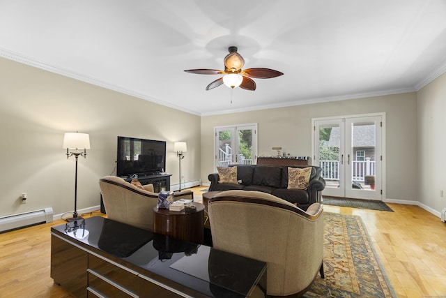 18 Brookside Trl, Monroe, CT 06468 - living area featuring french doors, baseboard heating, a ceiling fan, light wood-style flooring, and ornamental molding