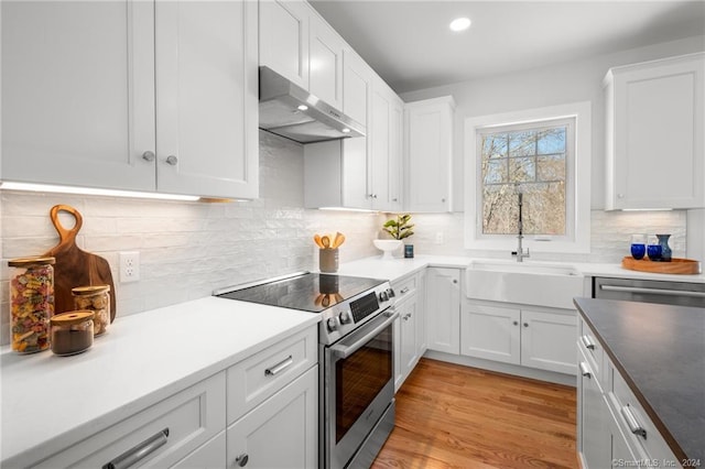 kitchen featuring under cabinet range hood, white cabinetry, appliances with stainless steel finishes, and a sink