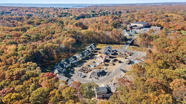 drone / aerial view with a wooded view