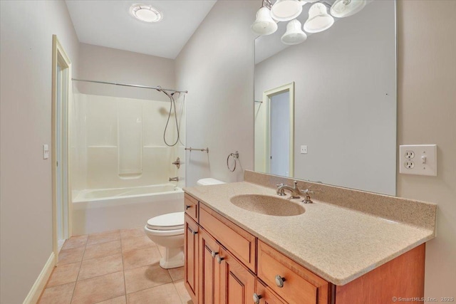 bathroom featuring toilet, tub / shower combination, tile patterned flooring, and vanity