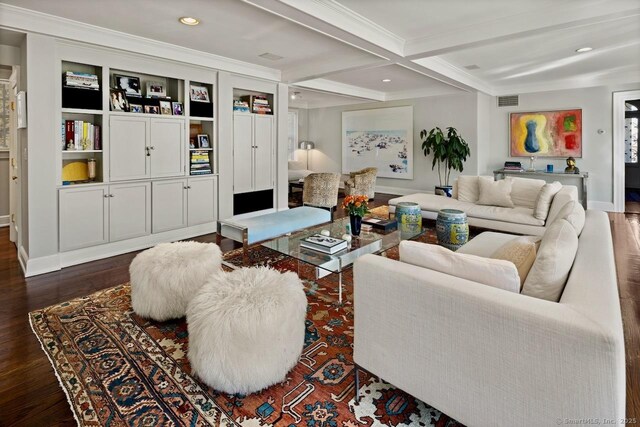 3113 Bronson Rd, Fairfield, CT 06824 - living area featuring dark wood-style floors, beam ceiling, ornamental molding, baseboards, and recessed lighting