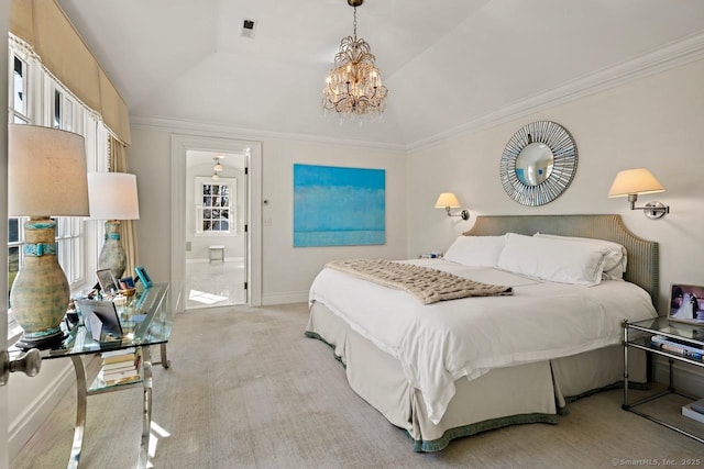 3113 Bronson Rd, Fairfield, CT 06824 - bedroom with a chandelier, ornamental molding, a raised ceiling, light colored carpet, and baseboards