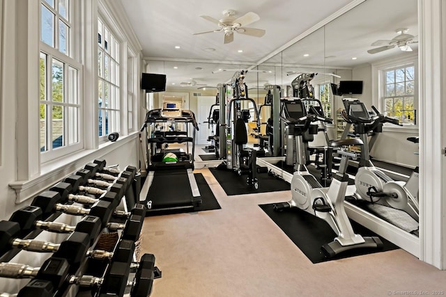 3113 Bronson Rd, Fairfield, CT 06824 - gym with ceiling fan, recessed lighting, and carpet