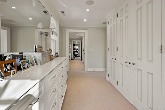3113 Bronson Rd, Fairfield, CT 06824 - corridor featuring crown molding, light colored carpet, recessed lighting, a sink, and baseboards