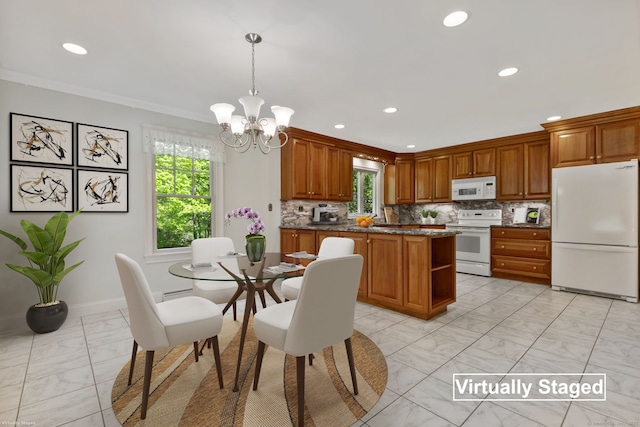 9 Brick School Dr, Redding, CT 06896 - kitchen featuring white appliances, light marble finish floors, a chandelier, brown cabinetry, and backsplash