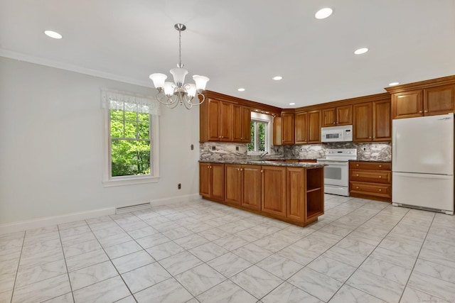 9 Brick School Dr, Redding, CT 06896 - kitchen featuring white appliances, brown cabinets, a chandelier, backsplash, and crown molding