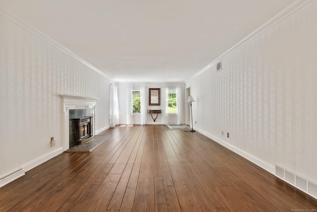 9 Brick School Dr, Redding, CT 06896 - unfurnished living room with ornamental molding, baseboard heating, and dark wood finished floors