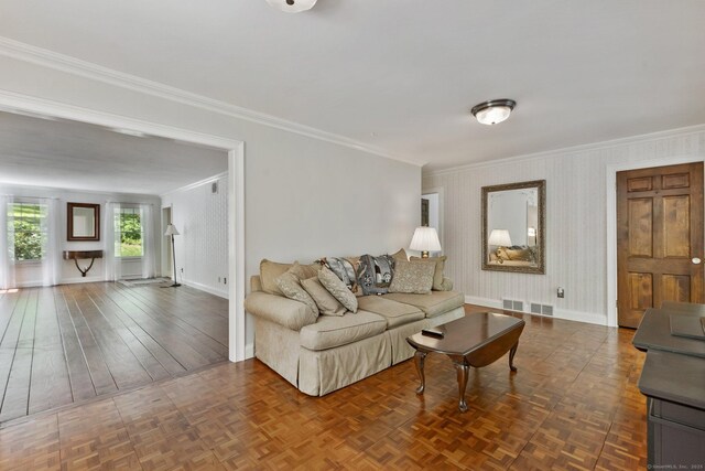 9 Brick School Dr, Redding, CT 06896 - living area with ornamental molding, baseboards, and wallpapered walls