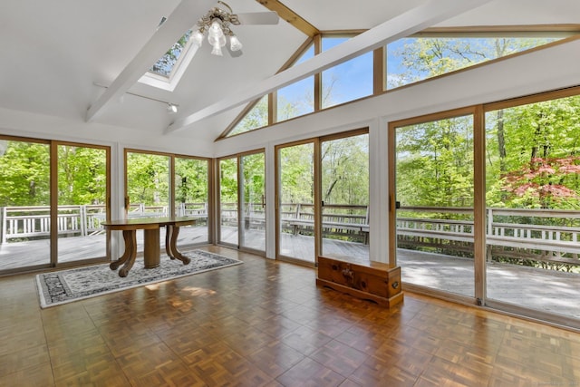 9 Brick School Dr, Redding, CT 06896 - unfurnished sunroom with a skylight, plenty of natural light, beamed ceiling, and high vaulted ceiling