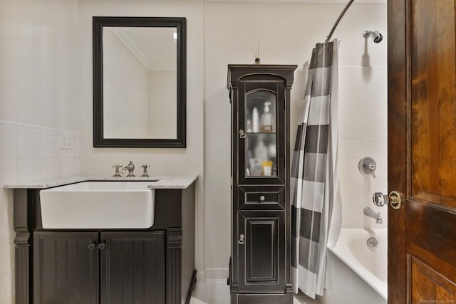 9 Brick School Dr, Redding, CT 06896 - bathroom featuring crown molding, shower / tub combo, and vanity
