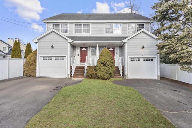 traditional-style house featuring fence, a garage, and aphalt driveway
