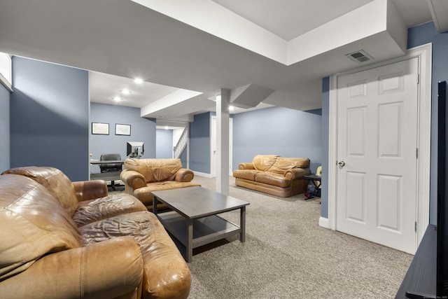 carpeted living room featuring stairs, baseboards, and visible vents