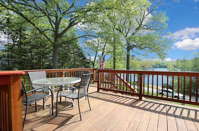 231 Lake Shore Dr, East Haddam, CT 06415 - wooden terrace featuring a water view and outdoor dining area
