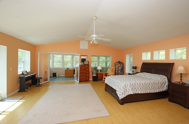 231 Lake Shore Dr, East Haddam, CT 06415 - bedroom featuring light wood-type flooring, vaulted ceiling, and ceiling fan