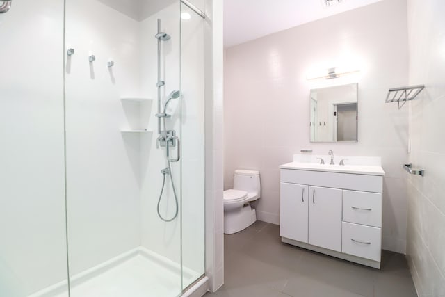 13 Kellogg St, Brookfield, CT 06804 - full bathroom featuring a stall shower, toilet, vanity, tile patterned floors, and tile walls