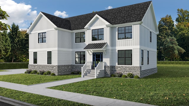 354 W River Rd, Orange, CT 06477 - modern inspired farmhouse featuring stone siding, a standing seam roof, a shingled roof, and a front lawn