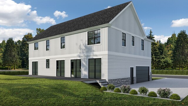 354 W River Rd, Orange, CT 06477 - rear view of house with a yard, a patio, roof with shingles, and an attached garage