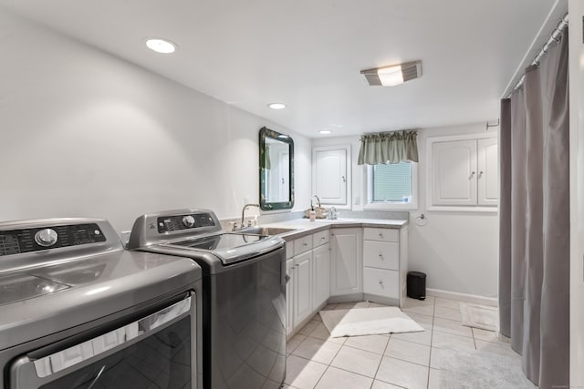 27 Whippoorwill Ln, Bethany, CT 06524 - laundry room featuring washing machine and clothes dryer, light tile patterned flooring, cabinet space, and recessed lighting