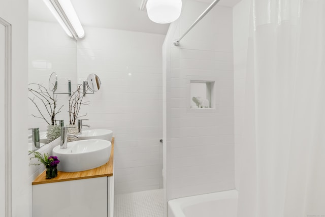 10 Twin Falls Ln, Westport, CT 06880 - bathroom featuring double vanity and shower / bath combo with shower curtain