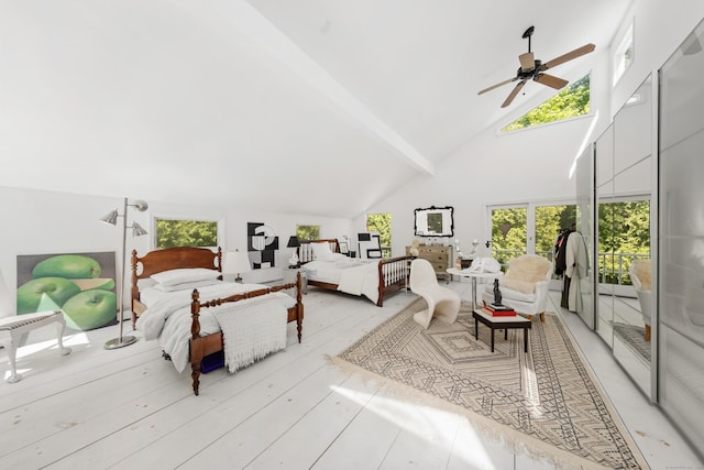 10 Twin Falls Ln, Westport, CT 06880 - bedroom featuring high vaulted ceiling, light wood-type flooring, and beam ceiling