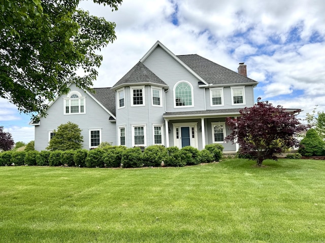 39 Farmstead Ln, Suffield, CT 06078 - view of front of property featuring a chimney, a front yard, and roof with shingles