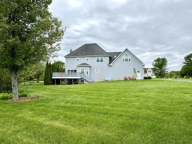 39 Farmstead Ln, Suffield, CT 06078 - back of property with a wooden deck, a yard, a chimney, and stairs
