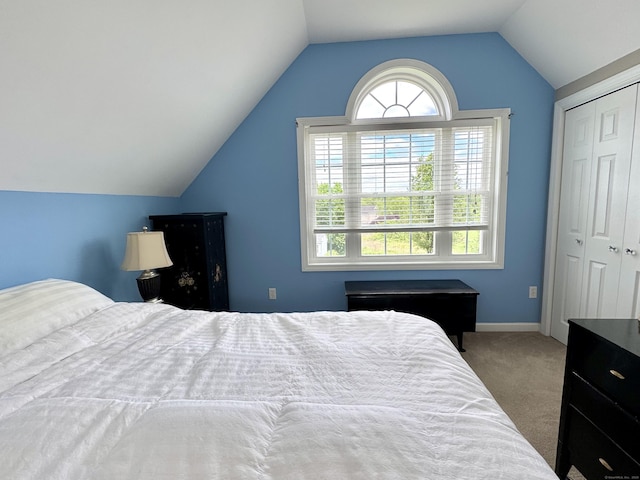 39 Farmstead Ln, Suffield, CT 06078 - bedroom featuring carpet, vaulted ceiling, a closet, and baseboards
