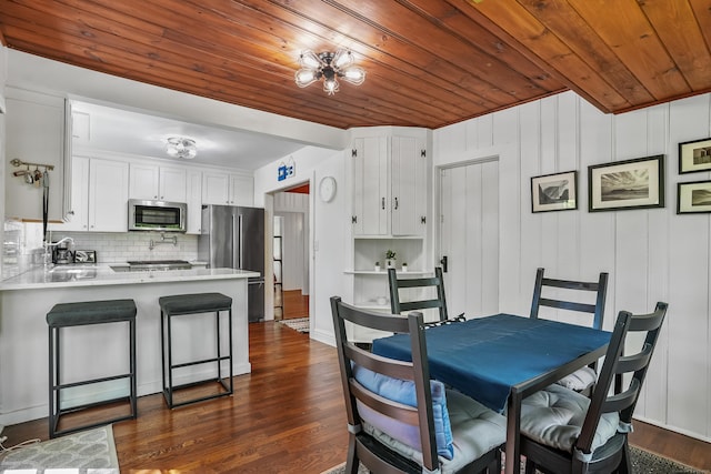12 Woody Pl, Ridgefield, CT 06877 - dining area with wood ceiling and dark wood-style flooring