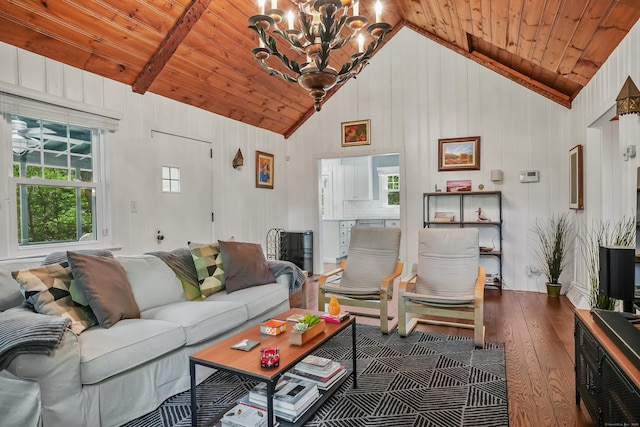 12 Woody Pl, Ridgefield, CT 06877 - living room featuring hardwood / wood-style flooring, a chandelier, wooden ceiling, and high vaulted ceiling