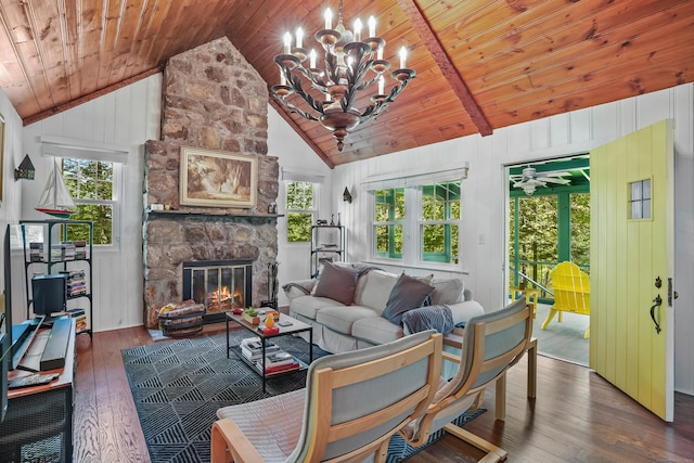 12 Woody Pl, Ridgefield, CT 06877 - living area with wooden ceiling, vaulted ceiling, hardwood / wood-style floors, plenty of natural light, and a fireplace