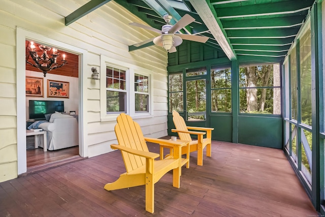 12 Woody Pl, Ridgefield, CT 06877 - sunroom / solarium featuring a ceiling fan, healthy amount of natural light, a chandelier, and beamed ceiling
