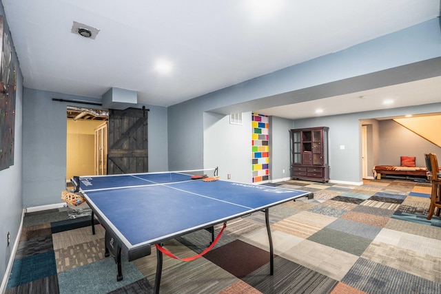 7 Brighton Ln, Simsbury, CT 06070 - rec room featuring carpet floors, visible vents, a barn door, baseboards, and recessed lighting