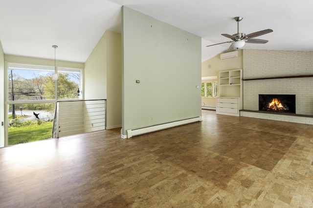 102 Colonial Rd, Guilford, CT 06437 - unfurnished living room featuring a baseboard heating unit, high vaulted ceiling, a ceiling fan, a fireplace, and baseboard heating