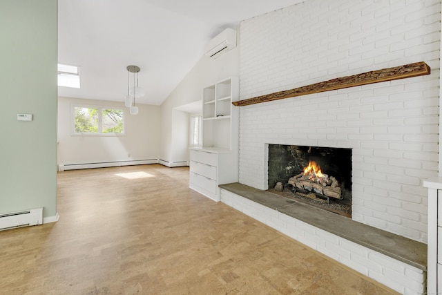 102 Colonial Rd, Guilford, CT 06437 - unfurnished living room with an AC wall unit, a brick fireplace, high vaulted ceiling, light wood-style flooring, and a baseboard radiator