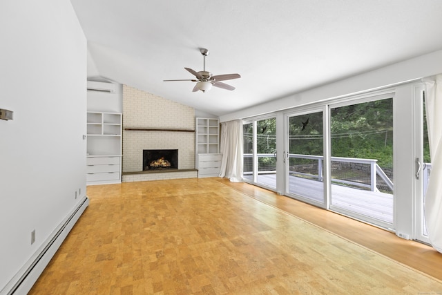 102 Colonial Rd, Guilford, CT 06437 - unfurnished living room with baseboard heating, ceiling fan, lofted ceiling, a wall mounted AC, and a brick fireplace